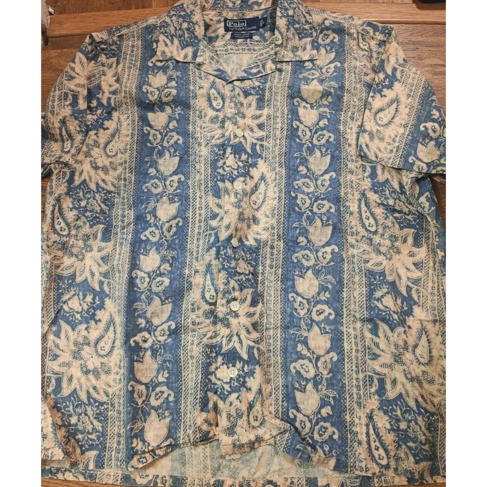 VTG Polo Ralph Lauren Shirt Mens Large Blue Paisley Andy Camp Collar Loop Cotton